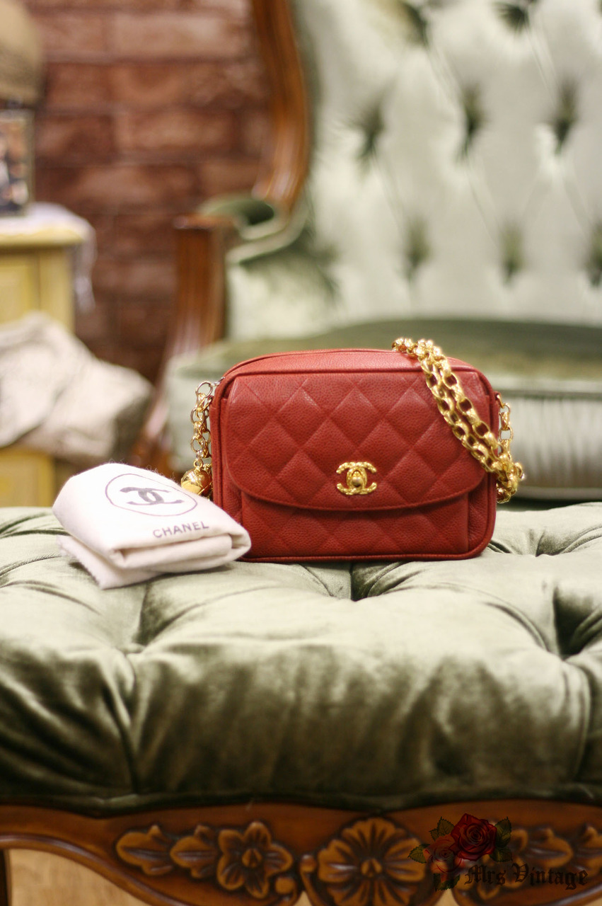 Vintage Chanel Red Quilted Caviar Leather Fringe Shoulder Bag Gold