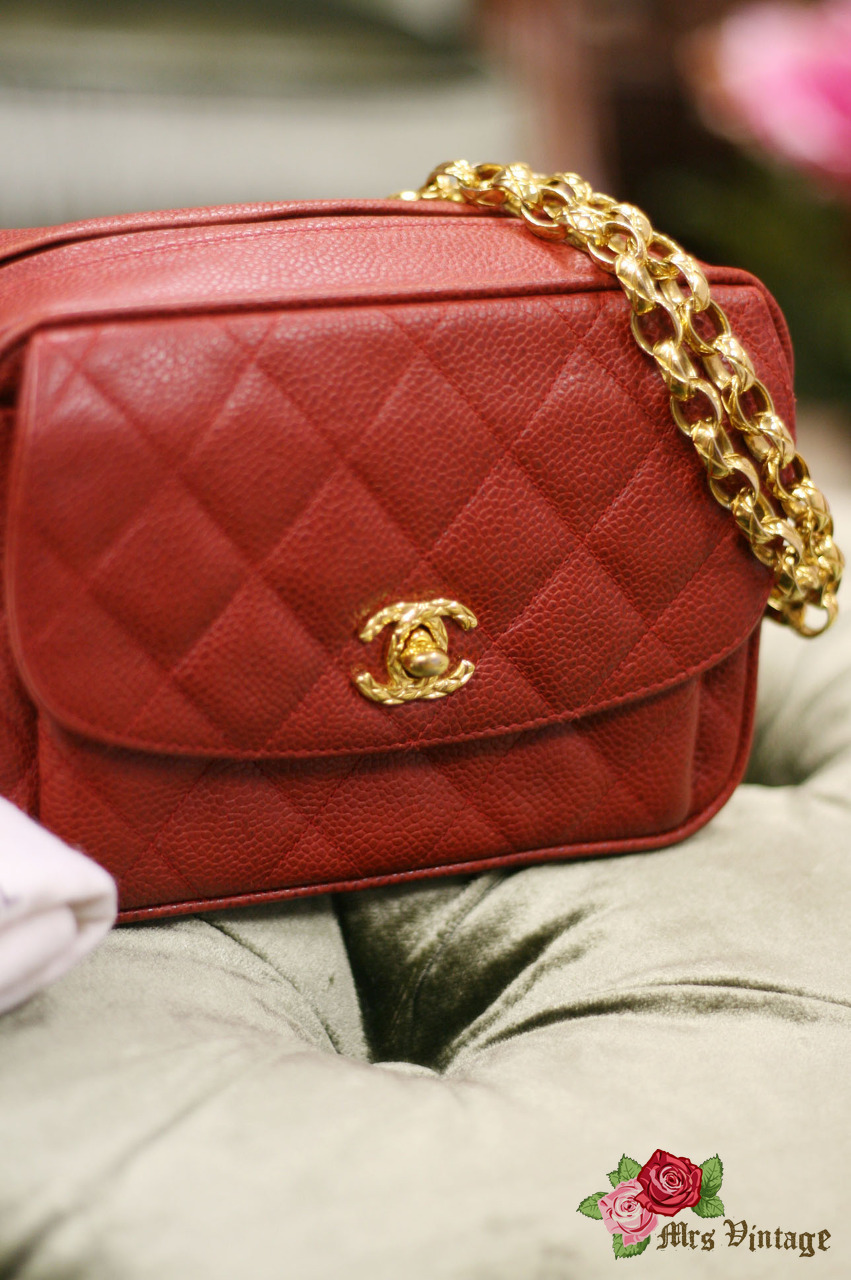 Vintage CHANEL Cherry Red Caviar Leather Quilted Shoulder Bag 