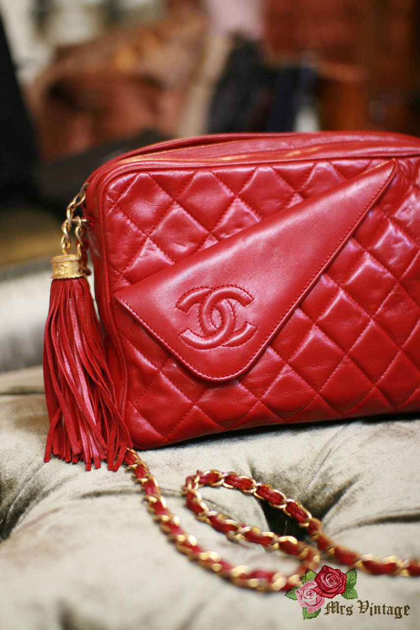 Vintage Chanel Lipstick Red Quilted Lambskin Leather Tassel Bag