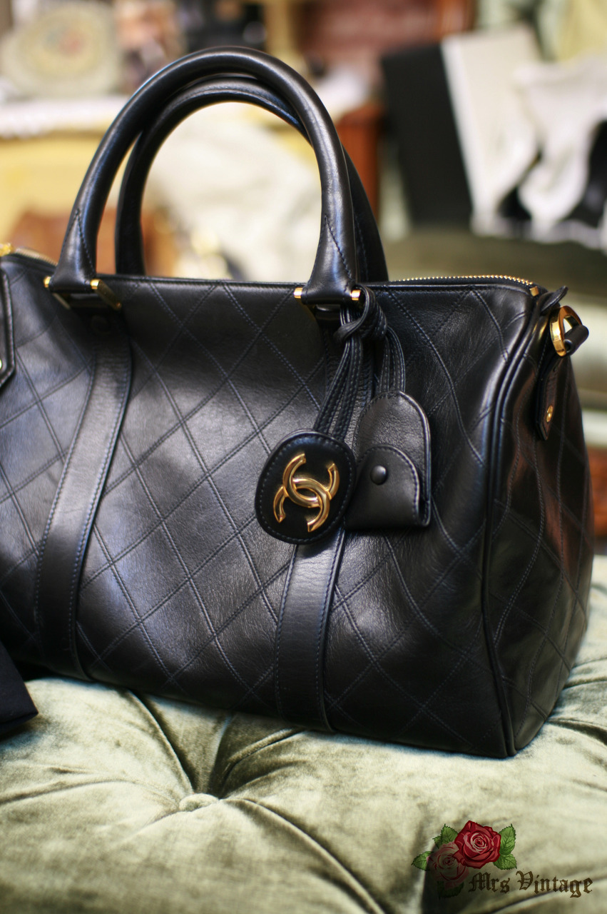 Chanel Vintage Chanel Boston Speedy Quilted Black Calfskin Leather