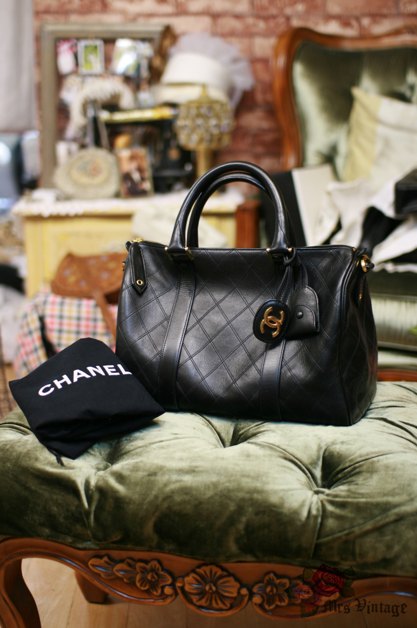 Chanel Boston Speedy Black Quilted Leather Hand Bag + Strap - Mrs