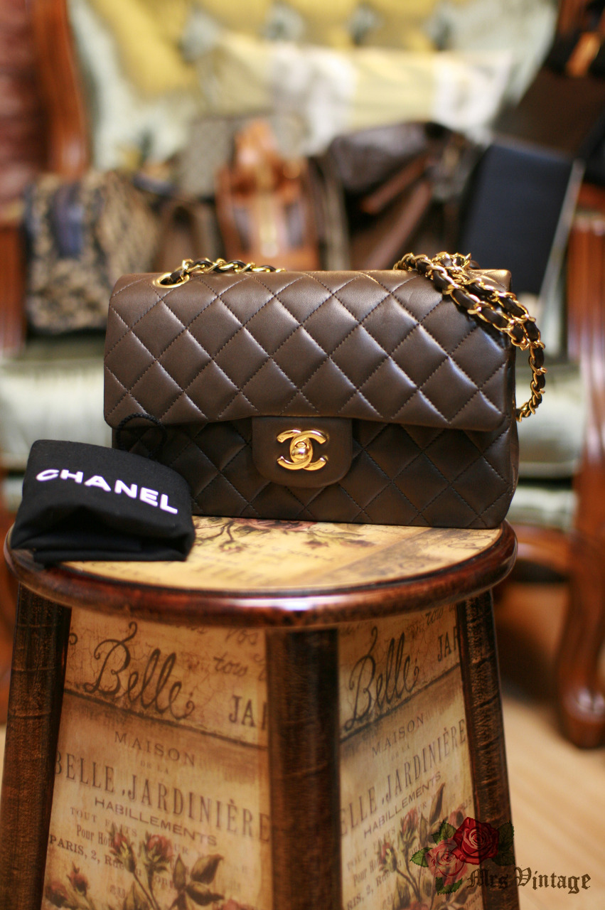 Vintage Chanel 2.55 Brown Quilted Leather Shoulder Bag Double