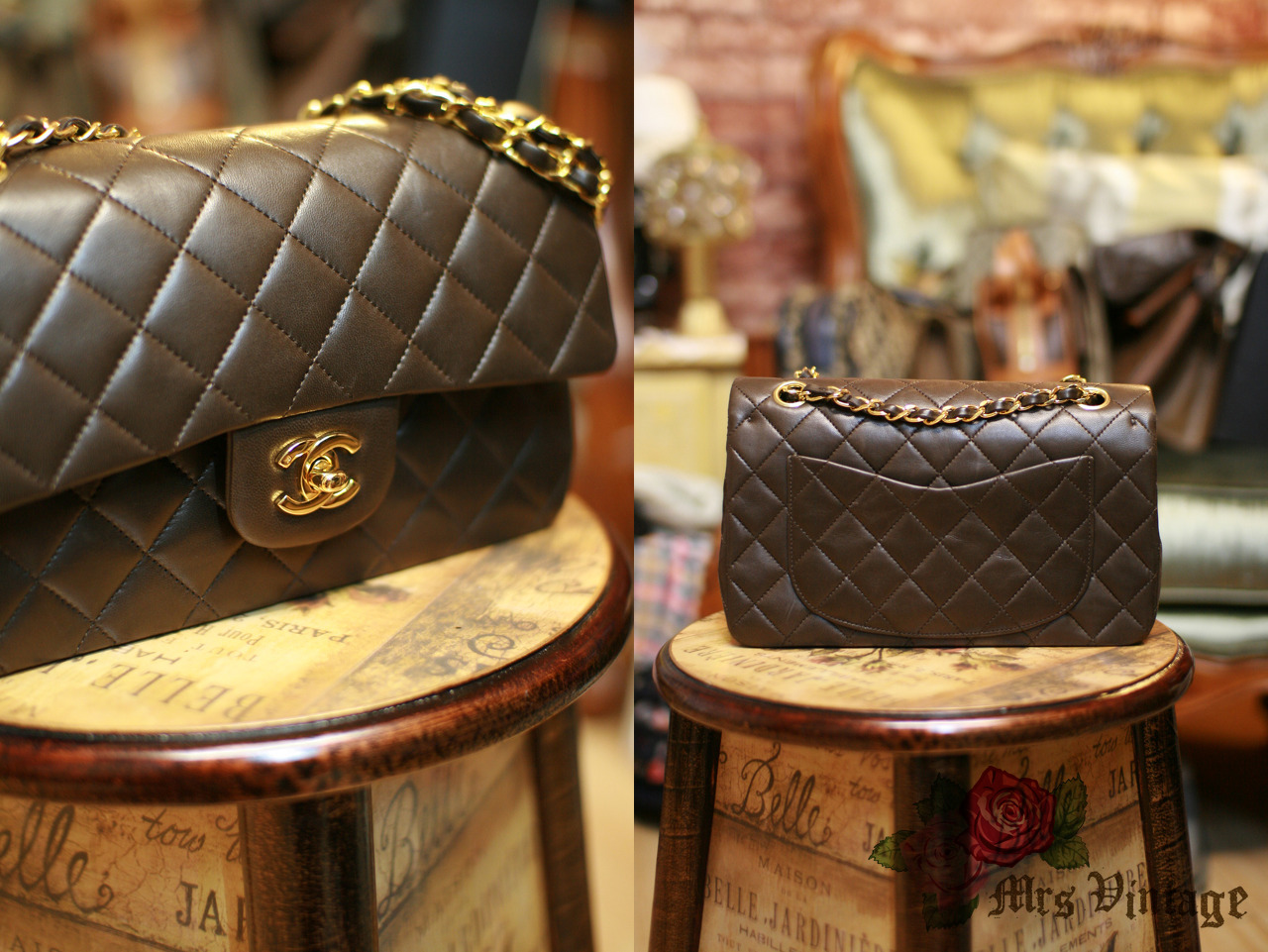 Vintage Chanel 2.55 Brown Quilted Leather Shoulder Bag Double