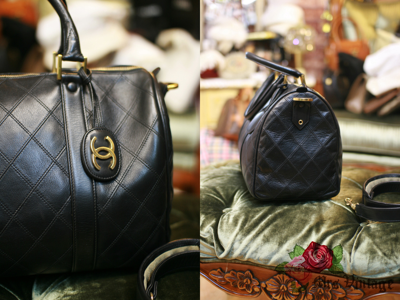 Chanel Vintage Chanel Boston Speedy Quilted Black Calfskin Leather