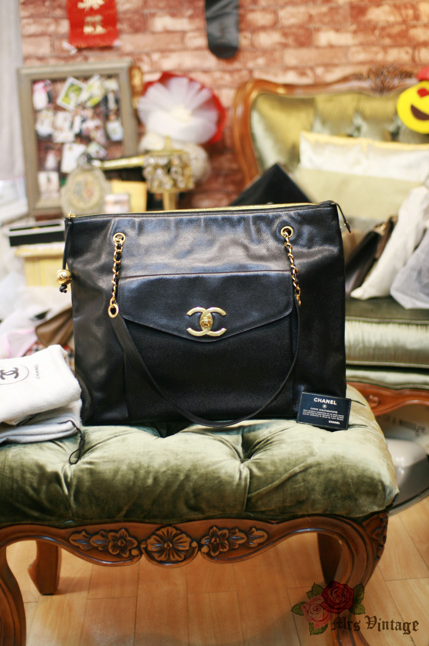 Vintage Chanel Black Caviar Leather XLarge Tote Shoulder Bag