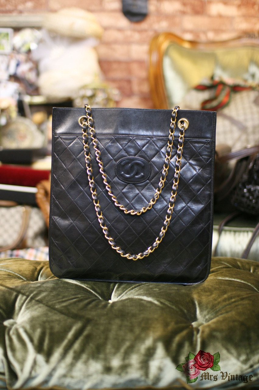 Vintage Chanel Black Lambskin Leather Quilted Medium Tote Bag Fits