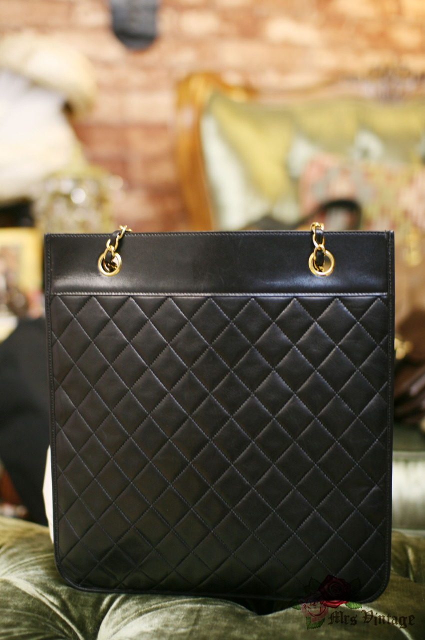 Chanel Vintage Black Quilted Caviar Tall Turn Lock Open Top Tote