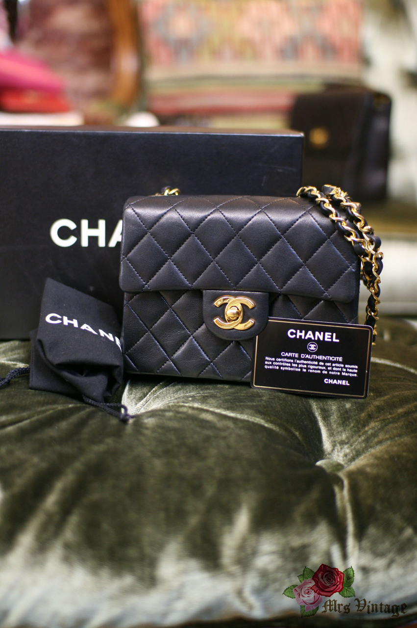 CHANEL Black Quilted Lambskin and Red Trim Vintage Square Mini