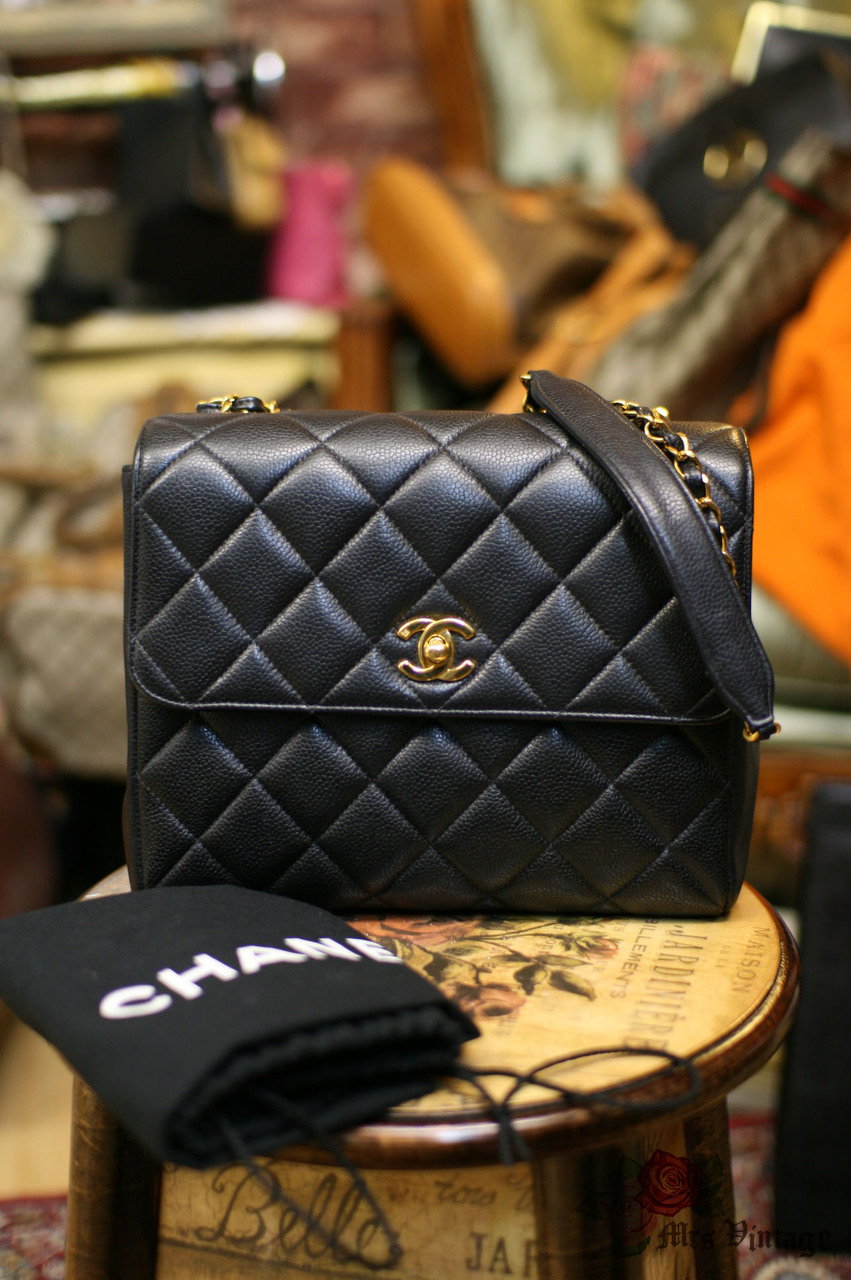 Chanel Black Quilted Caviar Leather Shoulder Flap Bag - Mrs