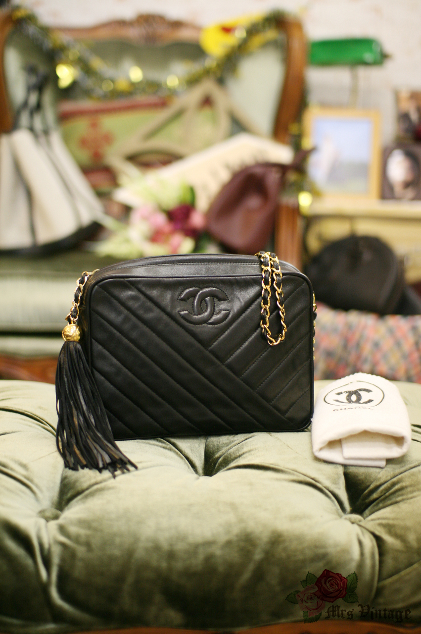 Vintage Authentic Chanel V Stitch Black Lambskin Fringe Bag - Mrs