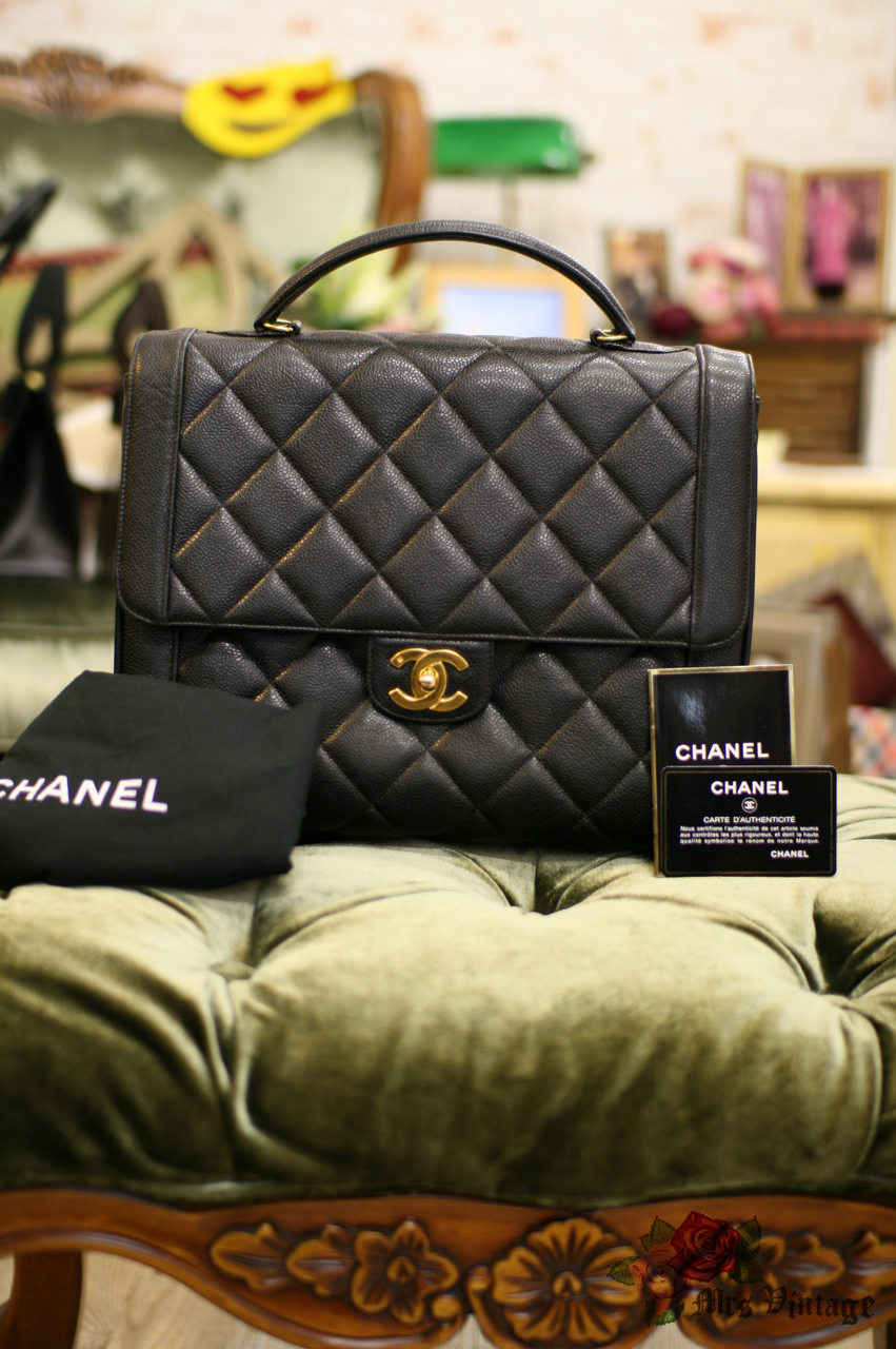 Chanel - Vintage Large Quilted CC Caviar Kelly Flap Bag - Top Handle