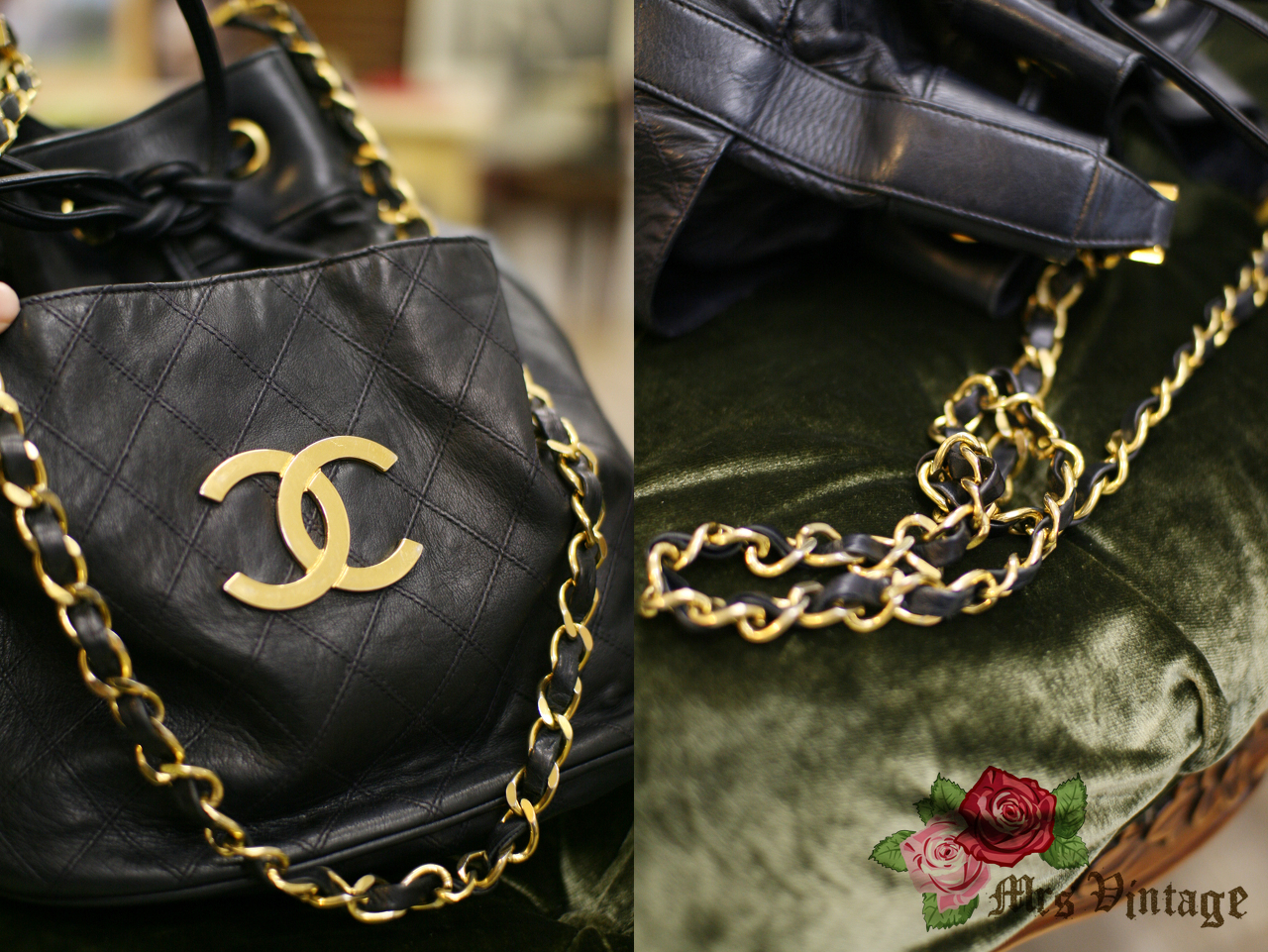 Vintage Chanel Small Lambskin Quilted Leather Bucket Bag with 2