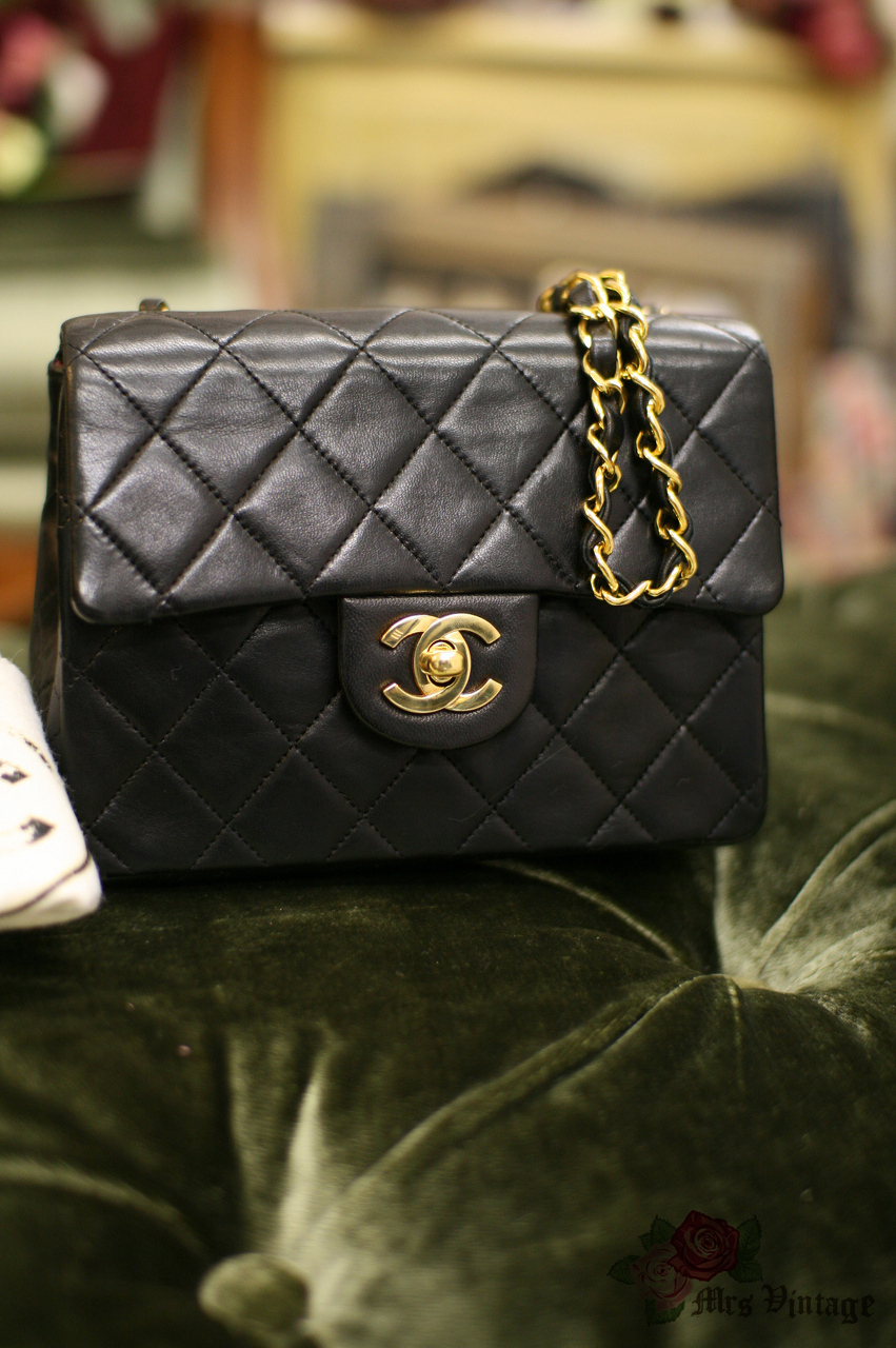 Vintage Chanel 7inch Mini Square Flap Black Quilted Lambskin