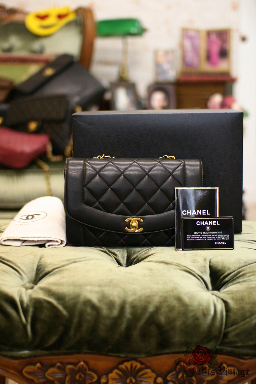 Vintage 90s Chanel Classic Diana Black Quilted Small Flap Bag with Box