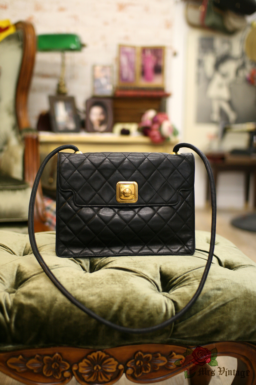 Vintage Chanel Lambskin Black Shoulder Purse with Unique Square