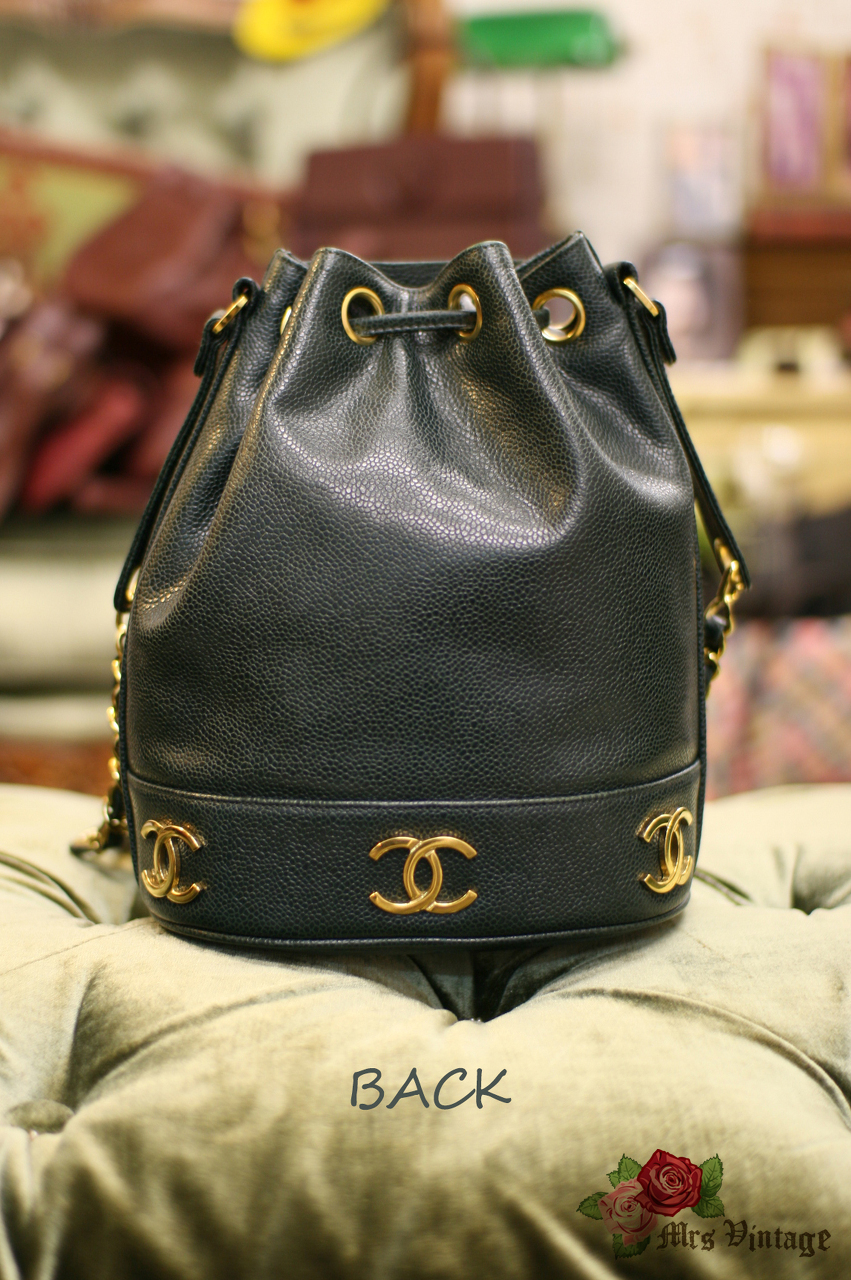 Vintage Chanel Black Caviar Leather Bucket Bag With Golden CC