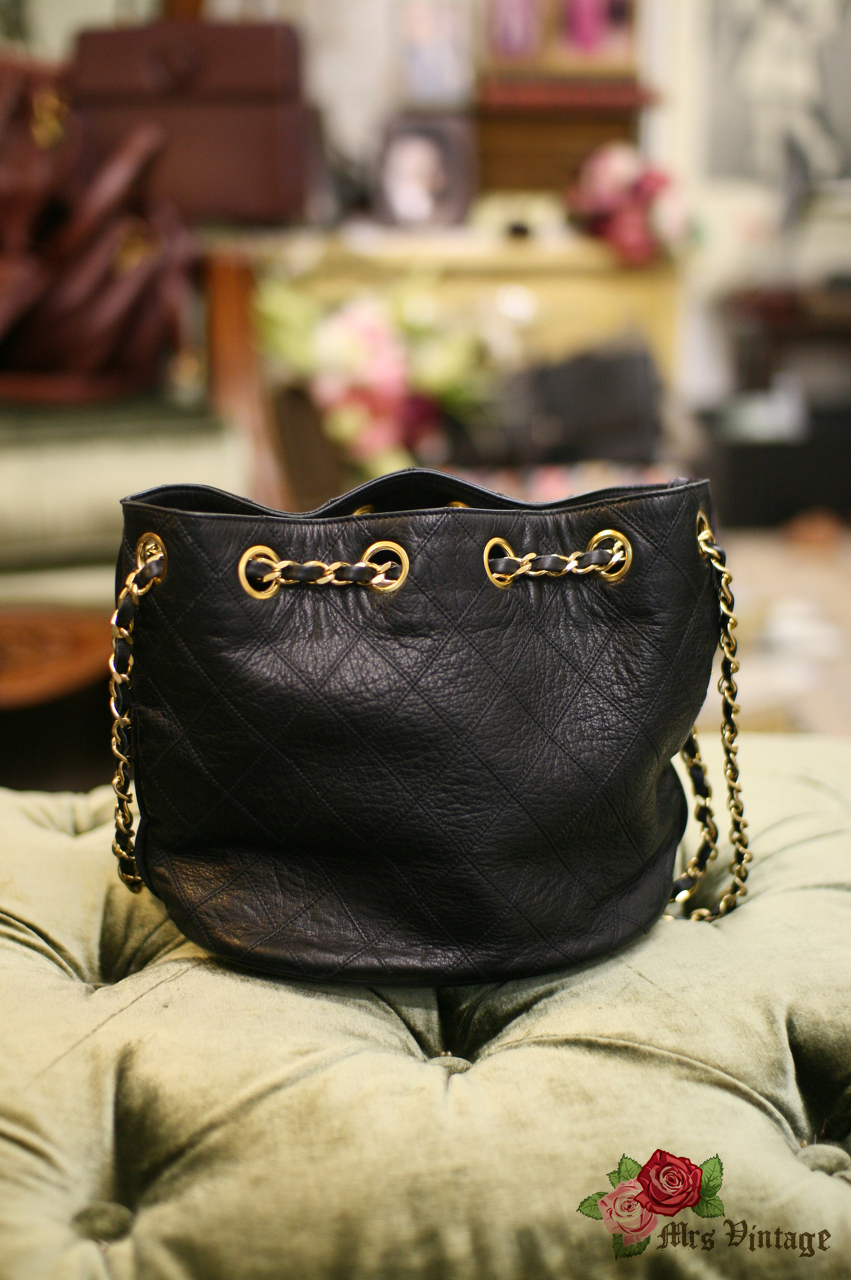 Vintage Chanel Black Caviar Leather Bucket Bag With Golden CC