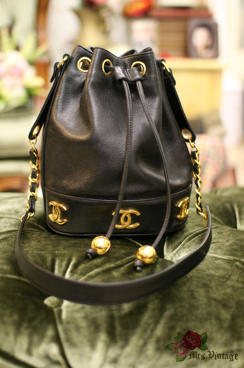 Chanel Black Caviar Leather Vintage CC Drawstring Bucket Bag