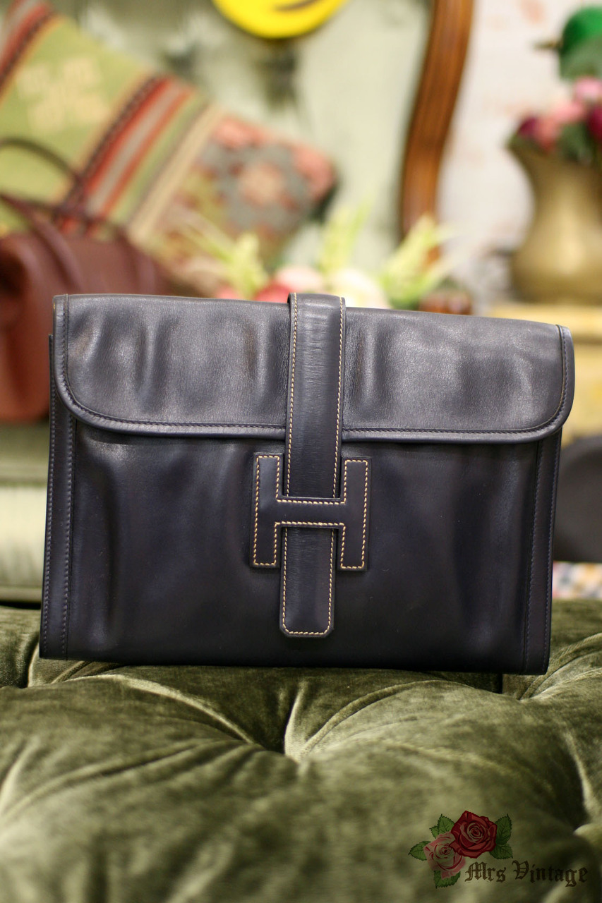 AUTH HERMES Jige PM Dark Navy Blue Vintage Box Calf Clutch Bag