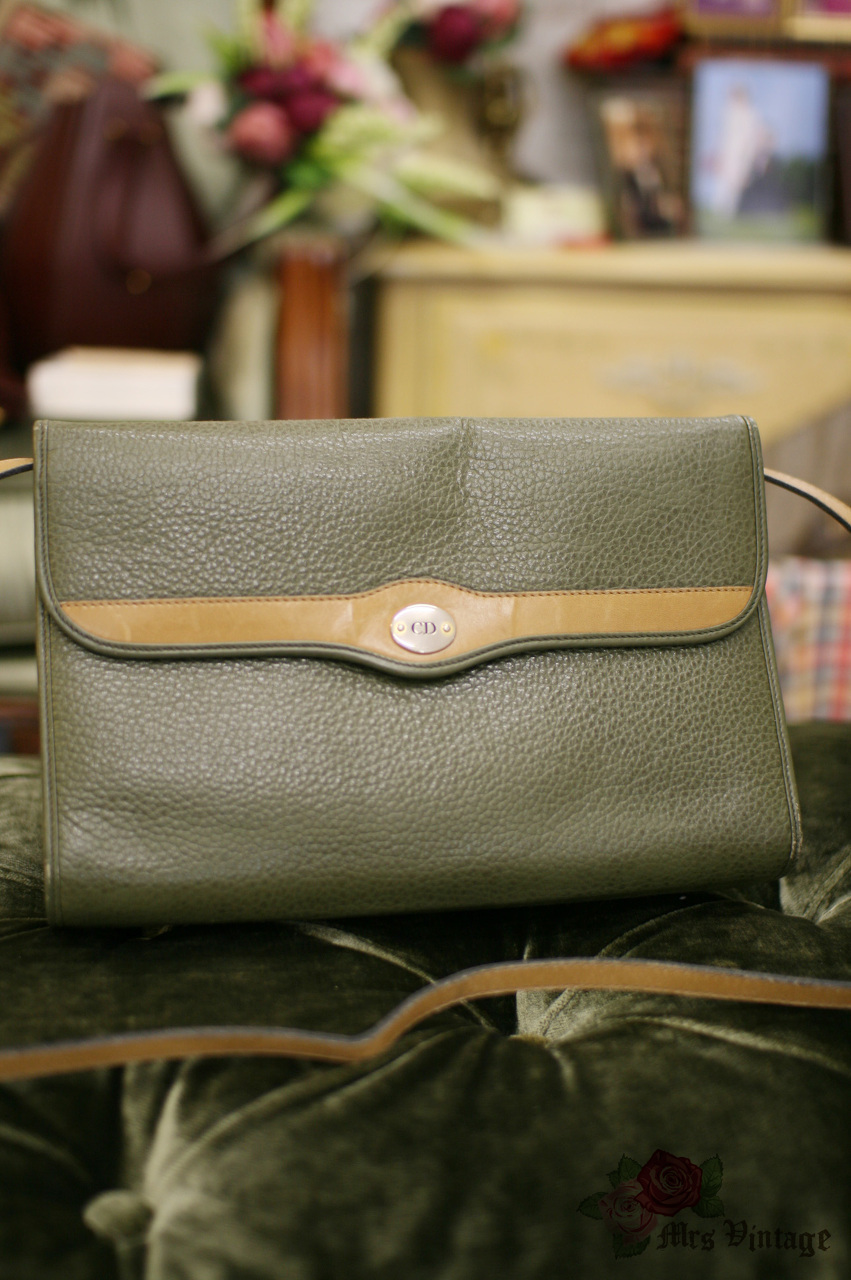 Vintage CHRISTIAN DIOR Shoulder Crossbody Bag Leather Green Brown used