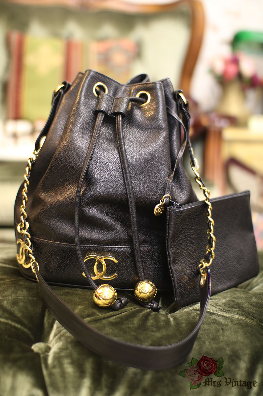 Vintage Chanel Black Caviar Leather Bucket Bag With Golden CC