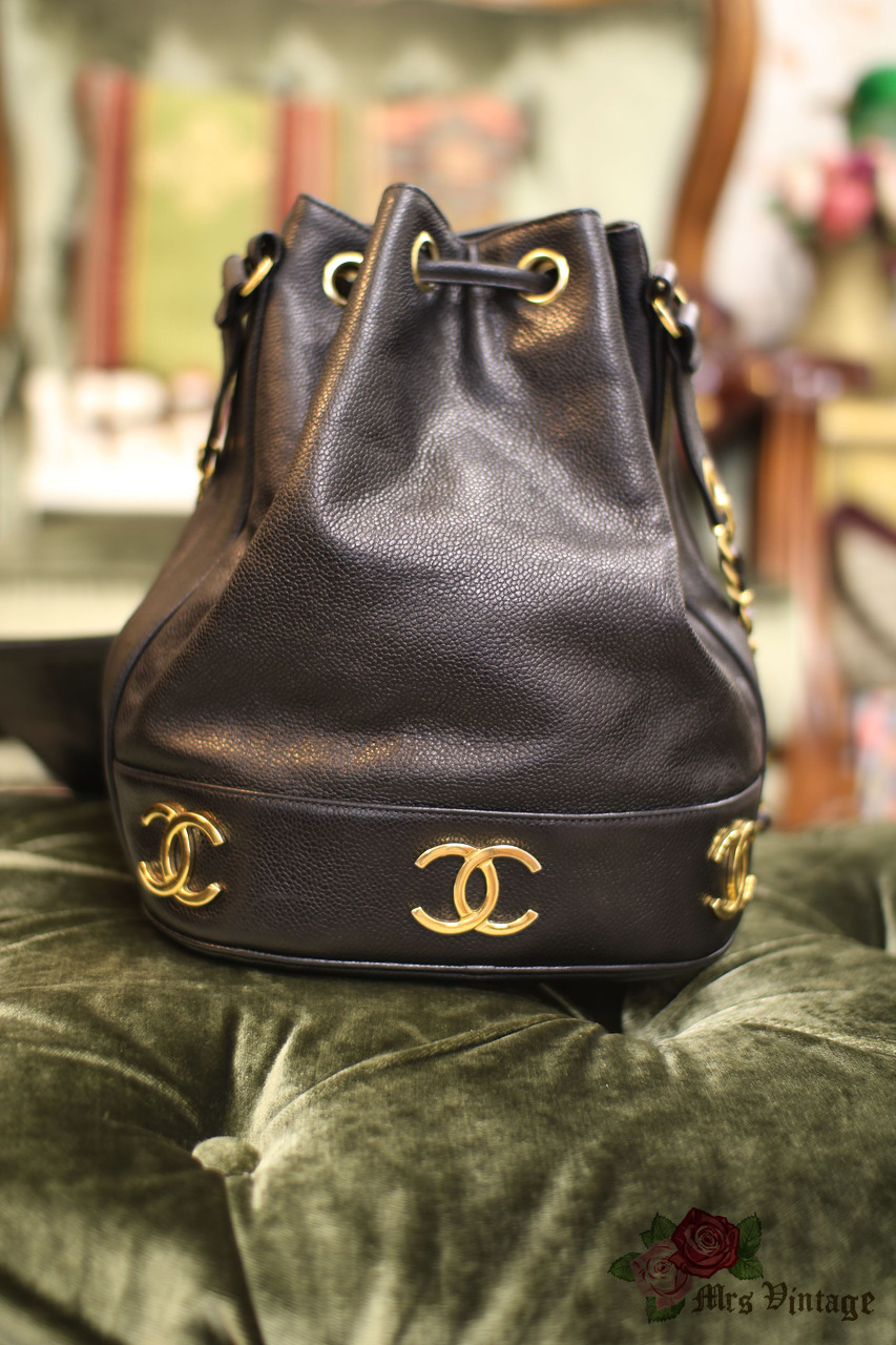 Vintage Chanel Black Medium Caviar Leather Bucket Bag With Golden