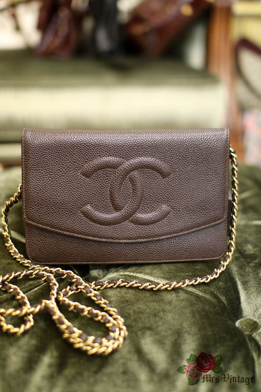 CHANEL CC Logo Caviar Leather Timeless Mini Wallet On Chain Brown