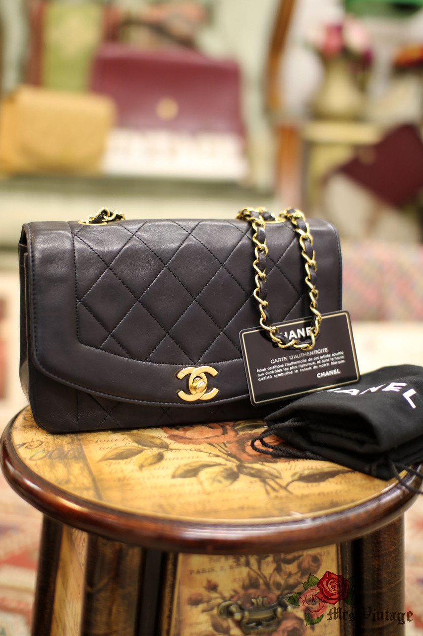 Vintage Chanel Black Lambskin Quilted Leather Diana Bag Gold Chain