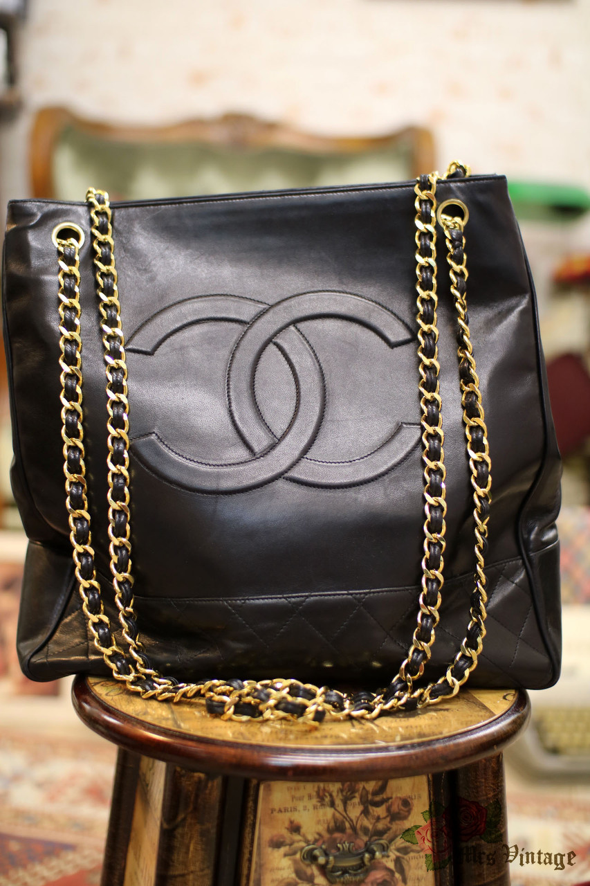 sold - chanel classic vintage black lambskin 24k gold chain big cc