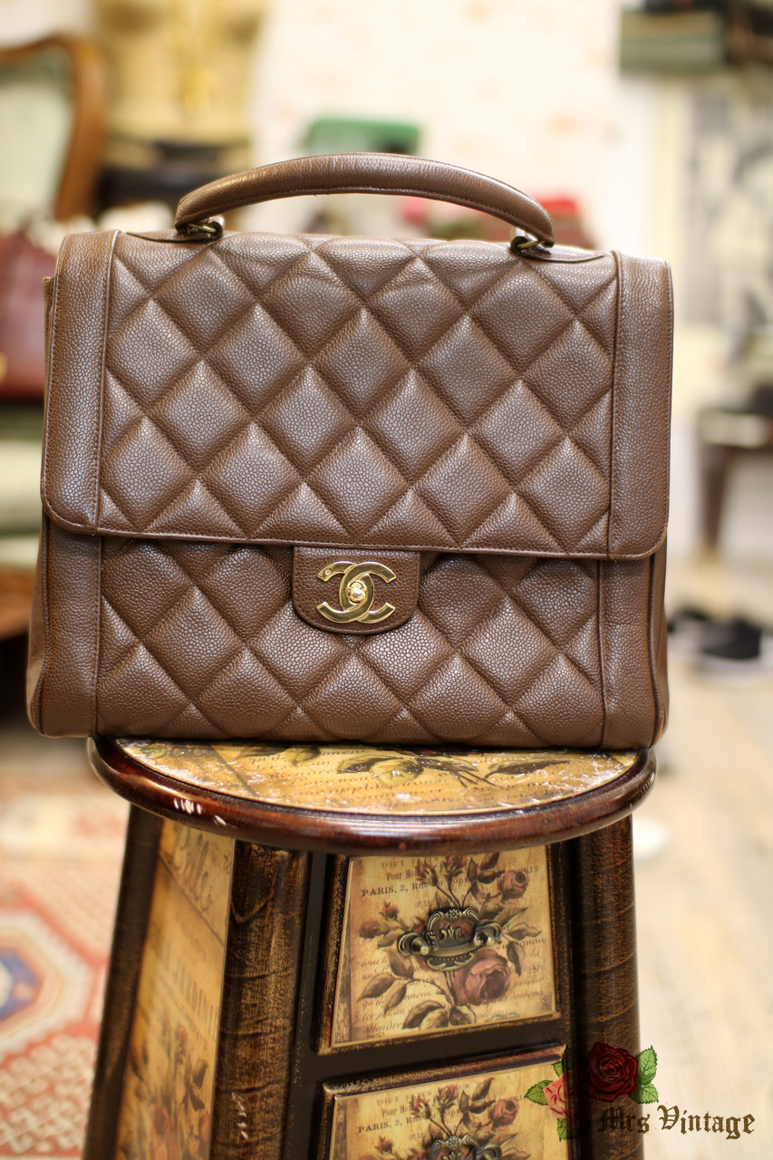 CHANEL CC TURN-LOCK TOP HANDLE KELLY FLAP BAG BROWN QUILTED LEATHER -  VINTAGE