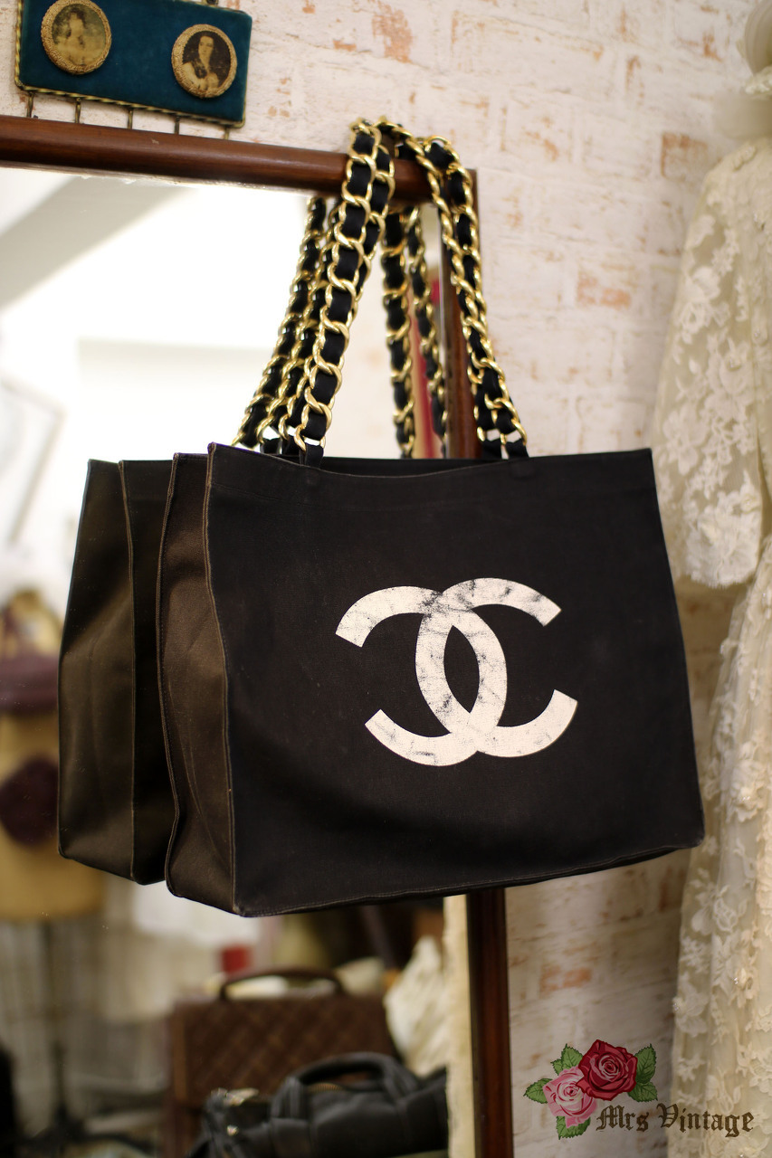 Vintage Chanel Jumbo XL Black Canvas Shoulder Shopping Tote Bag