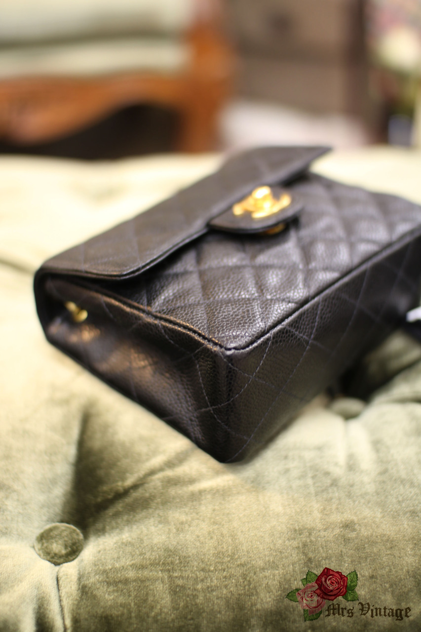 Vintage Chanel Black Quilted Caviar Mini Square Flap Bag - Mrs