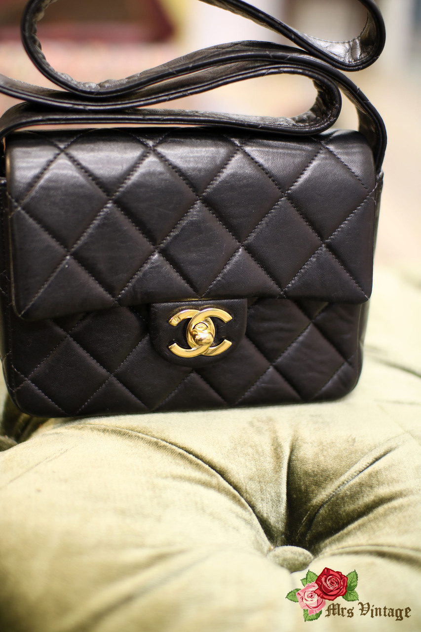 Chanel Vintage Chanel Mini Black Quilted Leather Wide Strap Shoulder