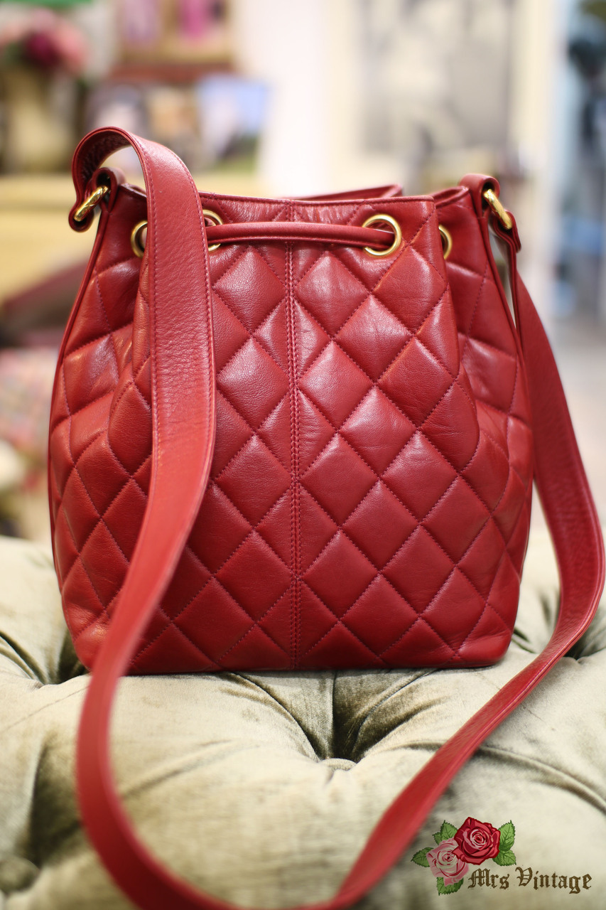 Vintage Chanel Red Quilted Lambskin Leather Bucket Bag - Mrs