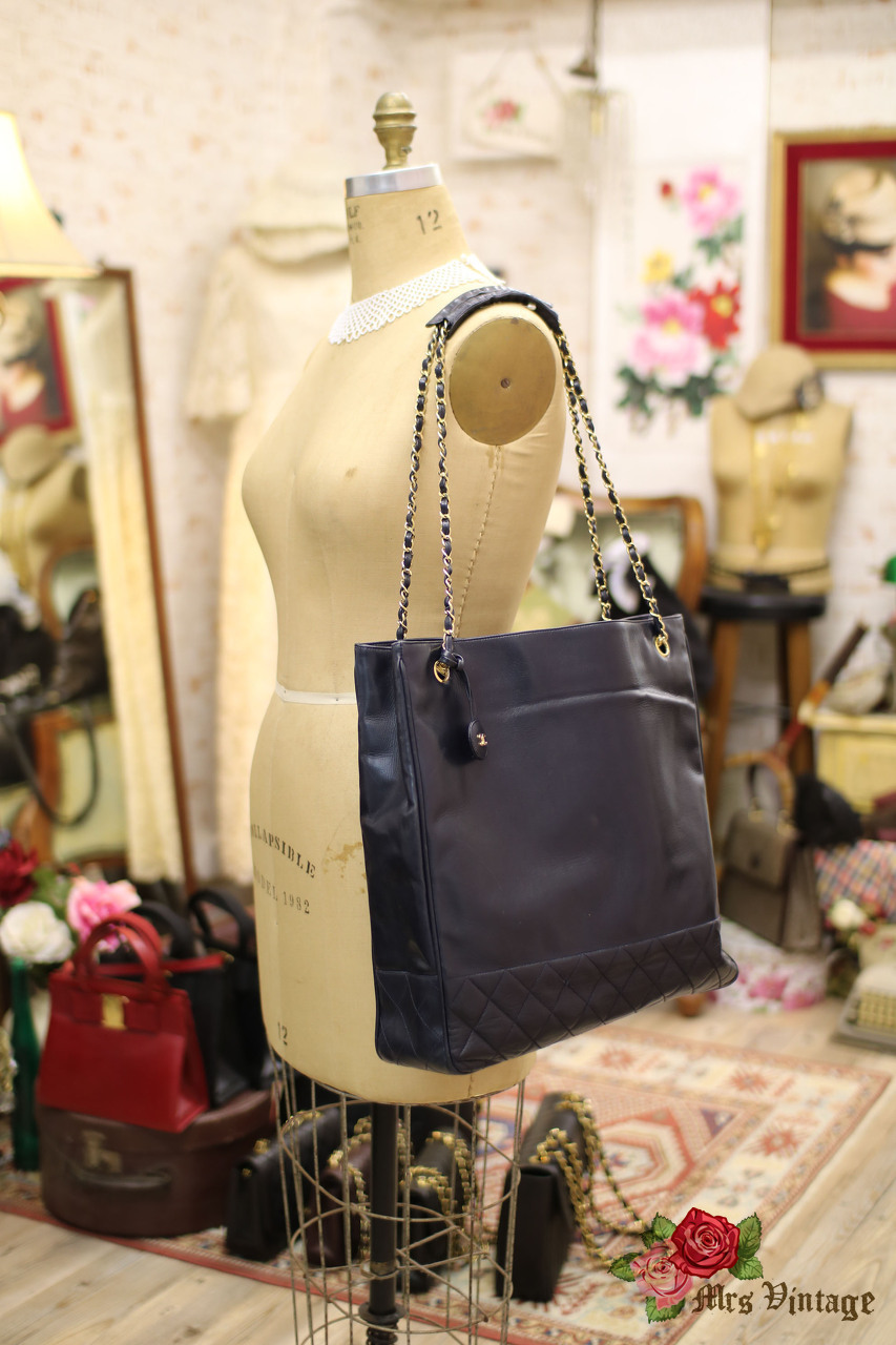 Vintage Chanel Quilted Navy Lambskin Leather Tote Bag From 1980s