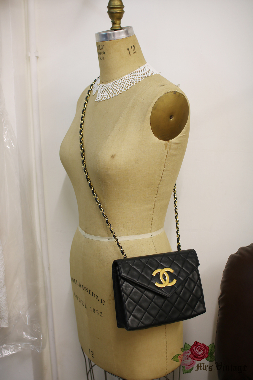Vintage Chanel Black Lambskin Envelope Shoulder Bag with Giant CC