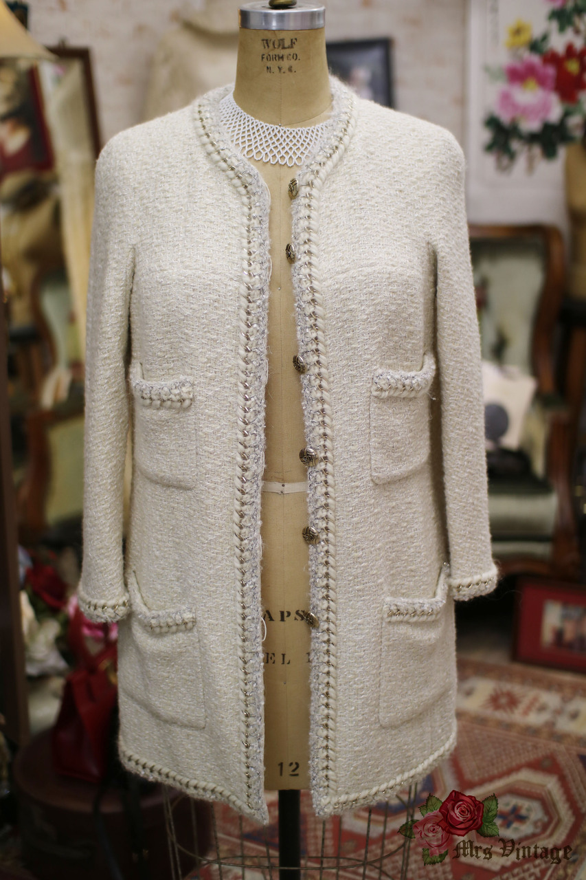 Pre Owned Chanel Ivory Wool Tweed Jacket from 2014 Sz 44 - Mrs