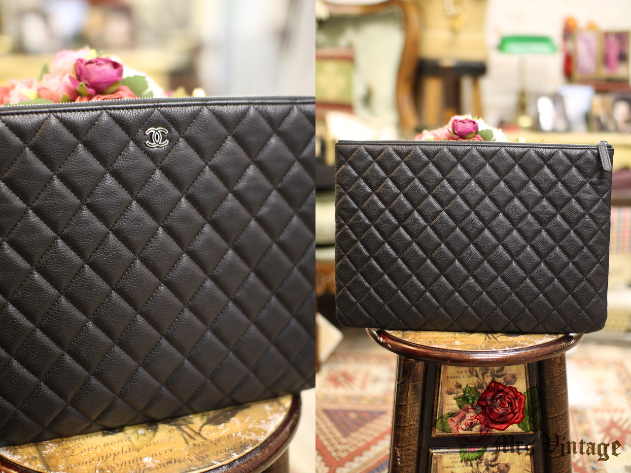 Chanel Black Quilted Caviar Leather Large O-Case Zip Pouch Chanel