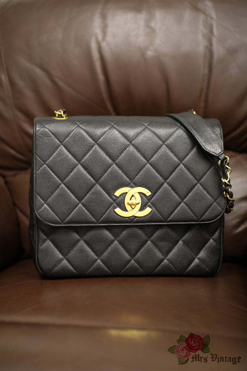 Chanel Vintage Classic Top Handle Flap Bag Quilted Caviar Jumbo at