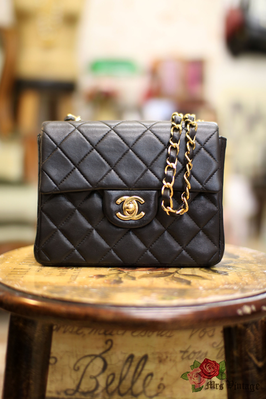 Pre Owned Chanel 7inch Mini Square Flap Black Quilted Lambskin