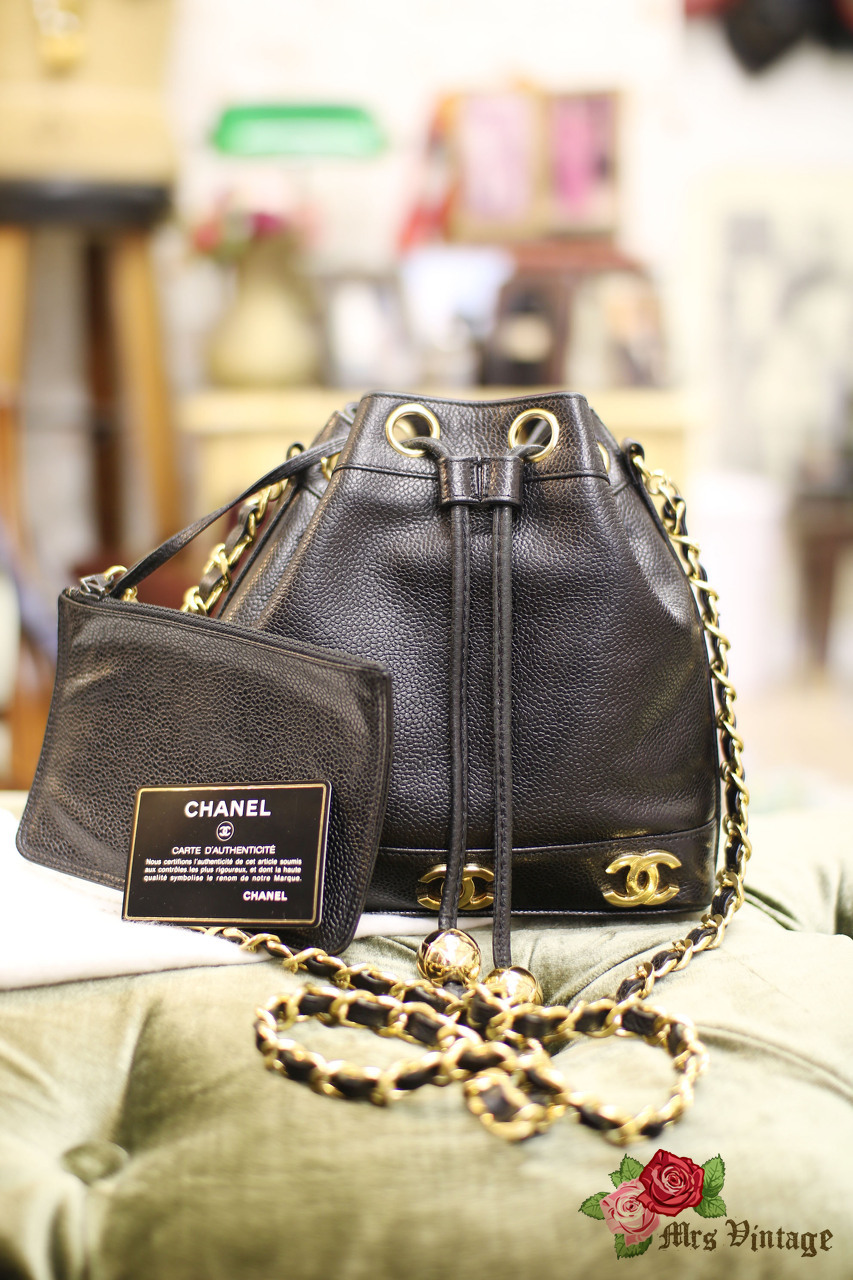 Vintage Chanel Black Caviar Leather Bucket Bag With Golden CC