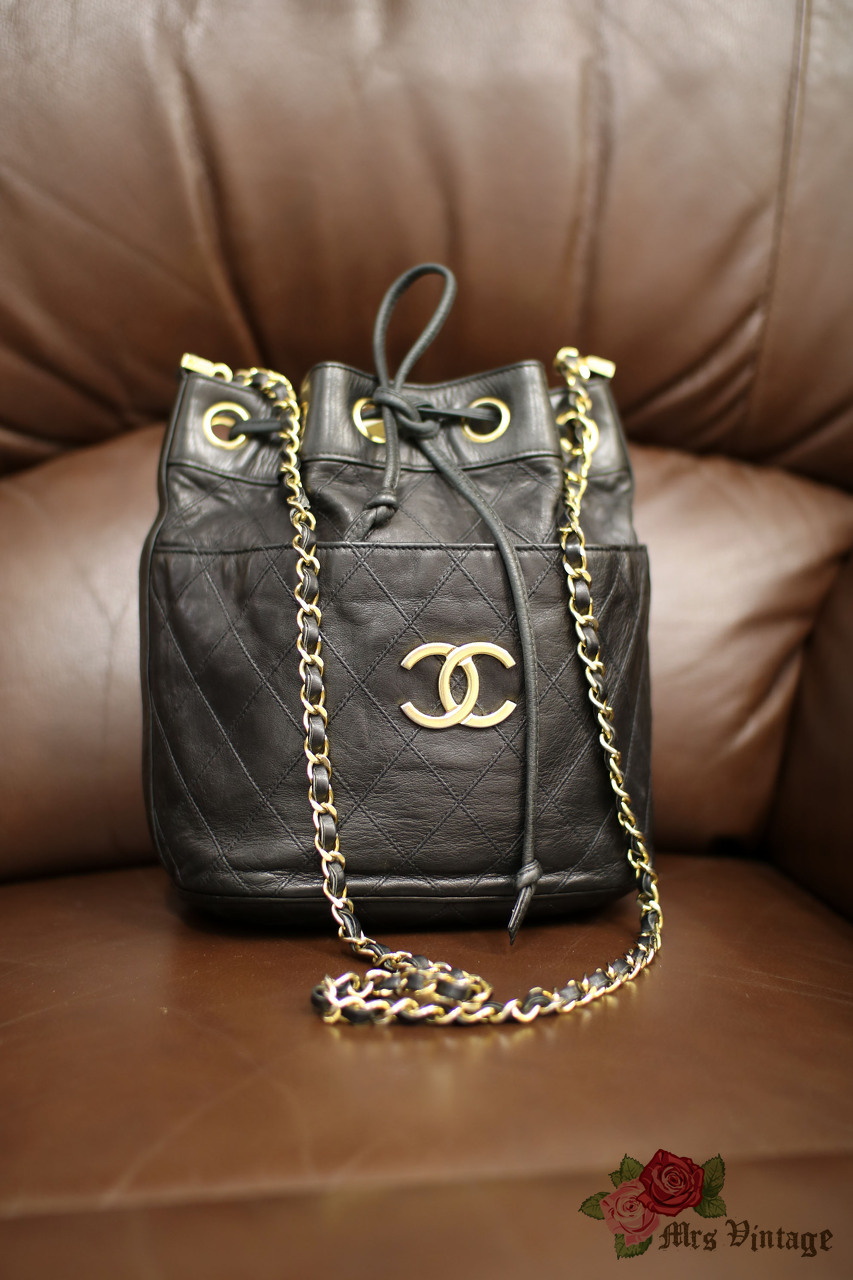 Chanel Vintage Lambskin Drawstring Bucket CC Strap Shoulder Bag