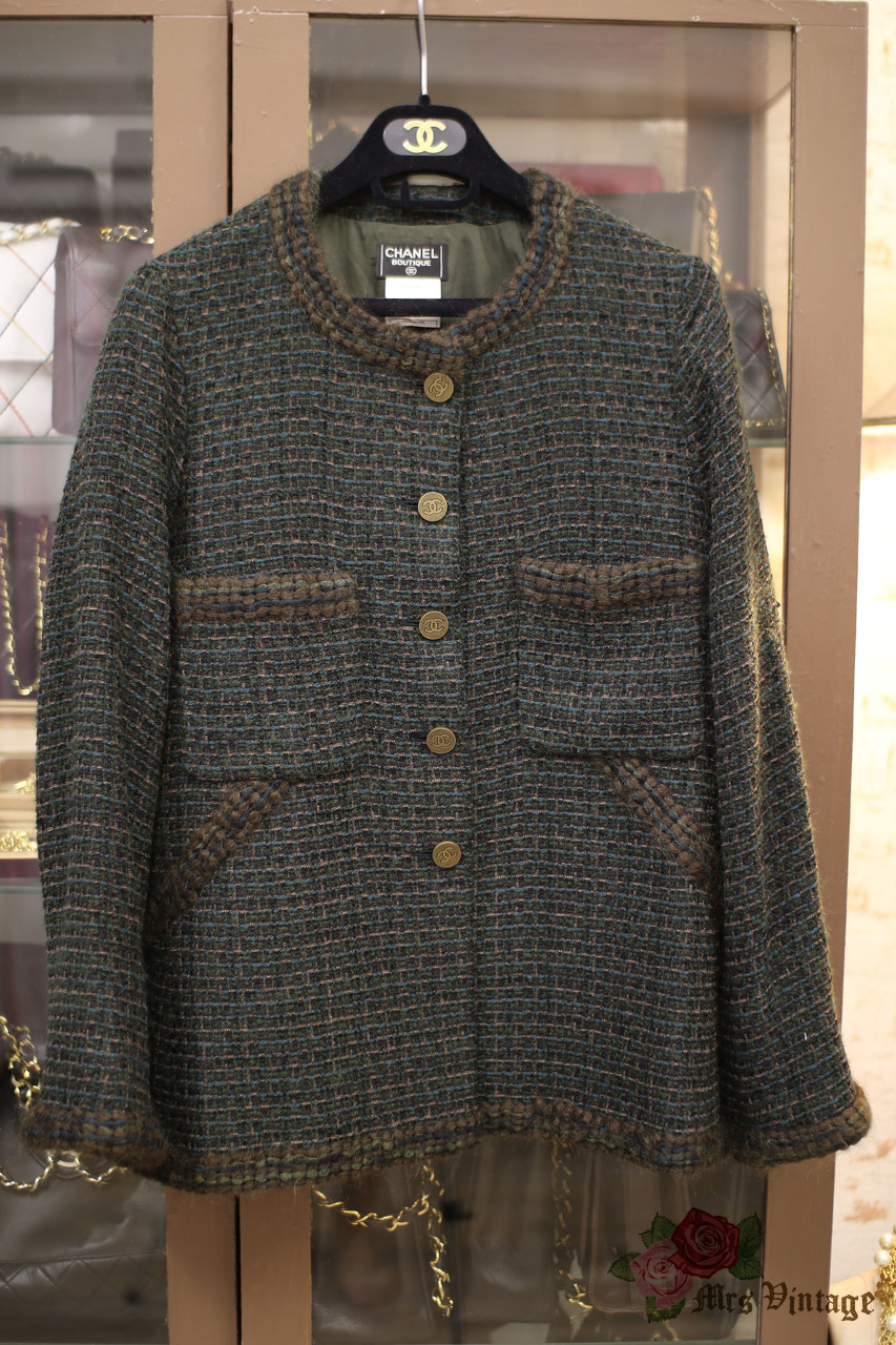 Vintage Chanel Green Tweed Jacket FR46 1998 - Mrs Vintage