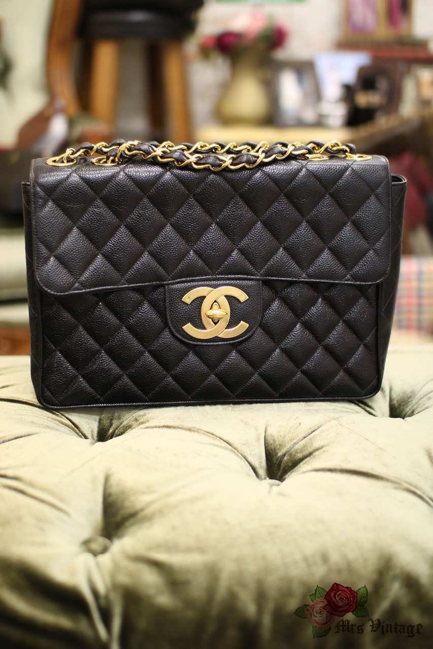 Rare Chanel Jumbo Black Quilted Caviar Leather Shoulder Flap Bag