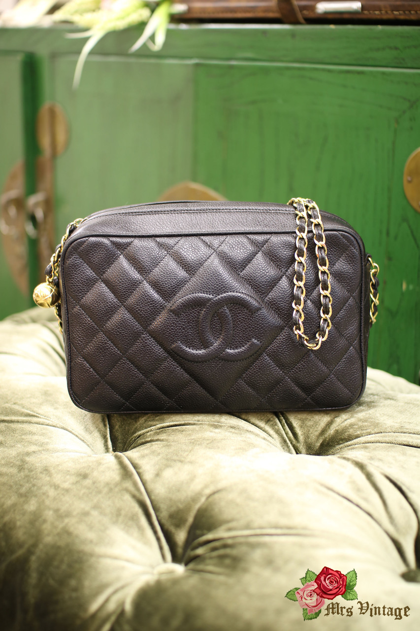 Vintage Chanel Black Caviar Quilted Leather Golden Ball Shoulder