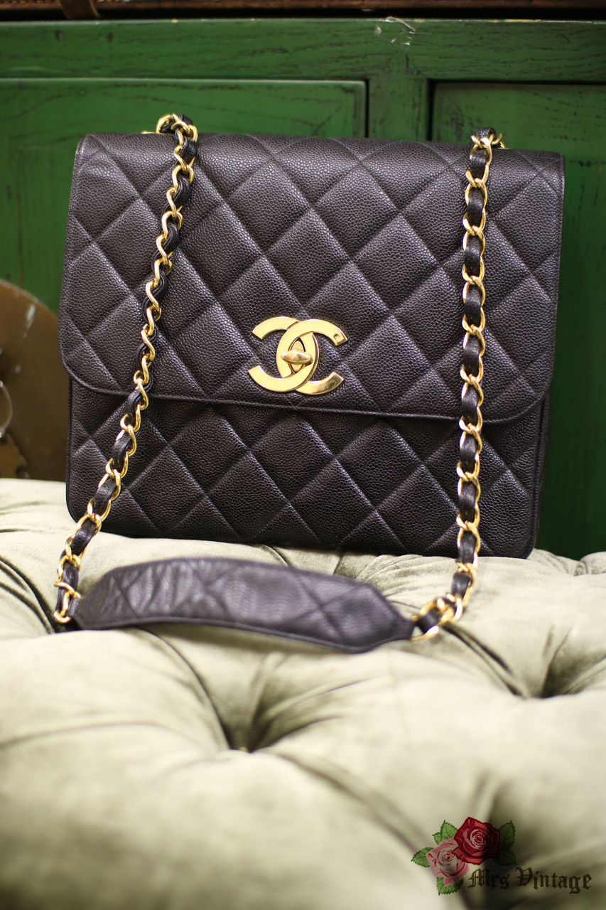 Vintage Chanel Rare Black Caviar Jumbo Square 30cm Wide - Mrs