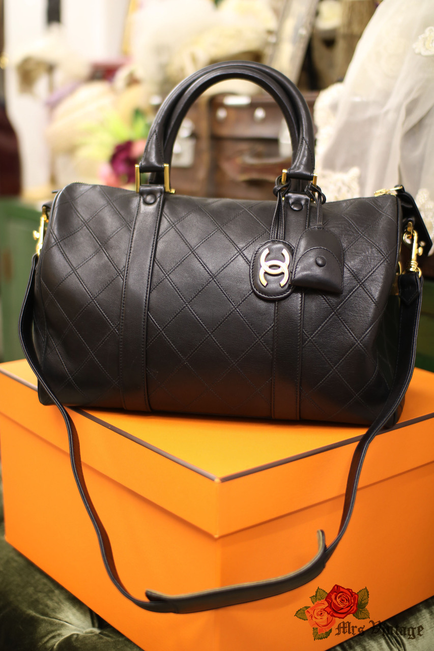 Chanel Boston Speedy Black Quilted Leather Hand Bag + Strap - Mrs