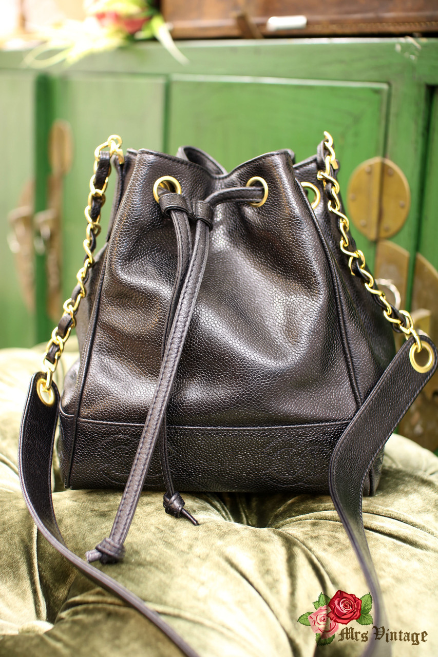 Vintage Chanel Black Caviar Leather Bucket Bag With Golden CC