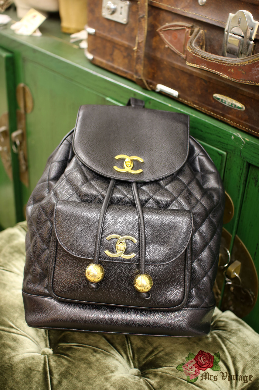 Vintage Chanel Large Size Caviar Backpack with 2 Lovely Golden