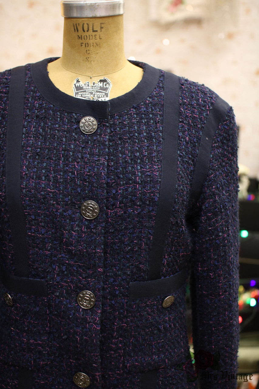 Pre Owned Chanel Navy Purple Evergreen Multi-Tweed Jacket FR38 2013 - Mrs  Vintage - Selling Vintage Wedding Lace Dress / Gowns & Accessories from  1920s – 1990s. And many One of a